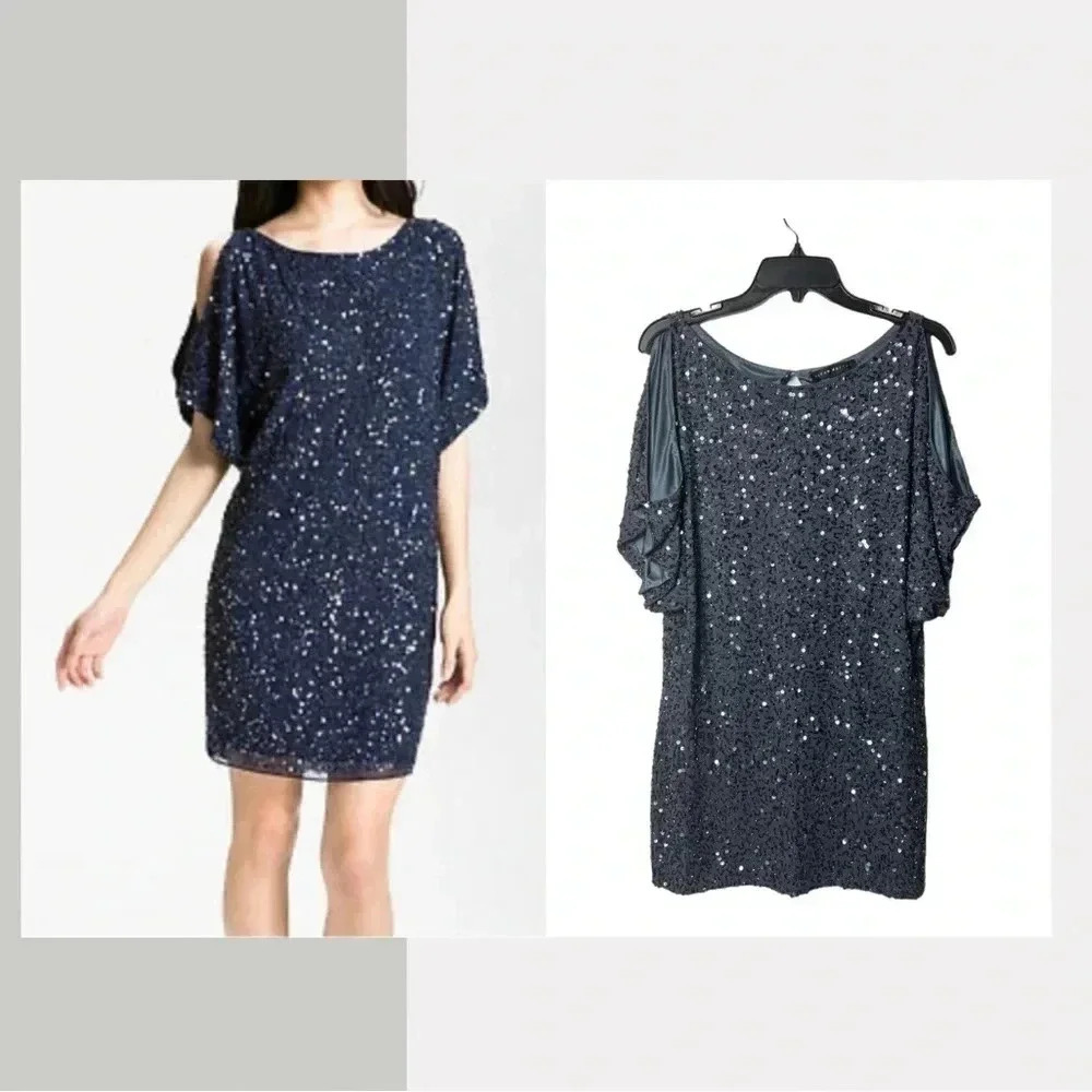 278. AIDAN MATTOX COLD SHOULDERS SEQUINS MINI DRESS GRAY/BLUE SIZE 0‎